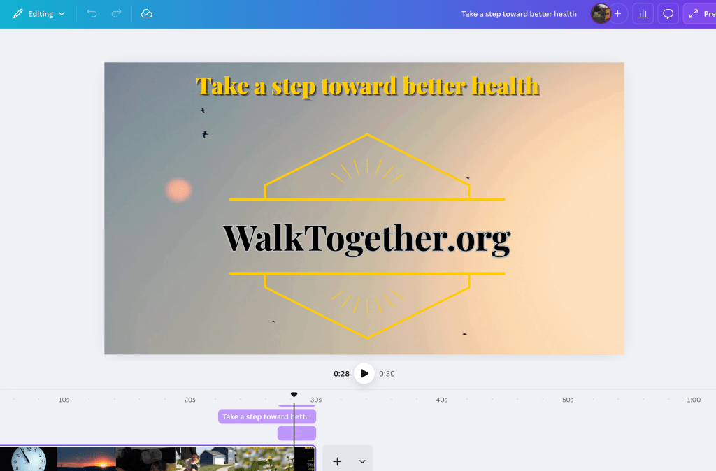 A promotional graphic made in Canva, encouraging better health, featuring the text 'Take a step toward better health' and 'WalkTogether.org' against a soft background with a sunset and birds.