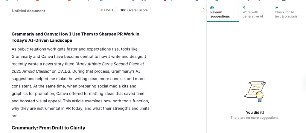 Screenshot of a document titled 'Grammarly and Canva: How I Use Them to Sharpen PR Work in Today's AI-Driven Landscape' with sections discussing their functionalities and benefits.